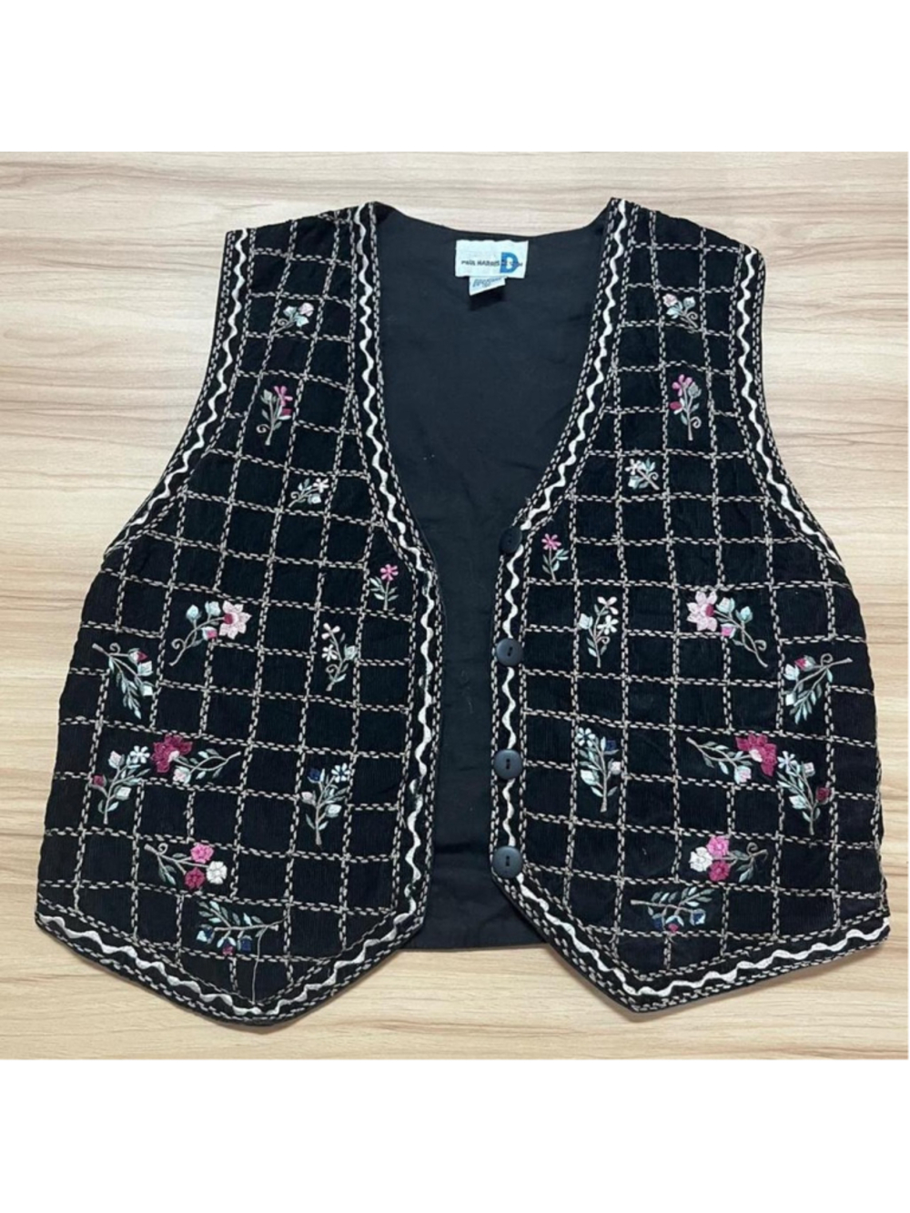 Paul Harris Design black corduroy vest with floral embroidery, contrast stitchin